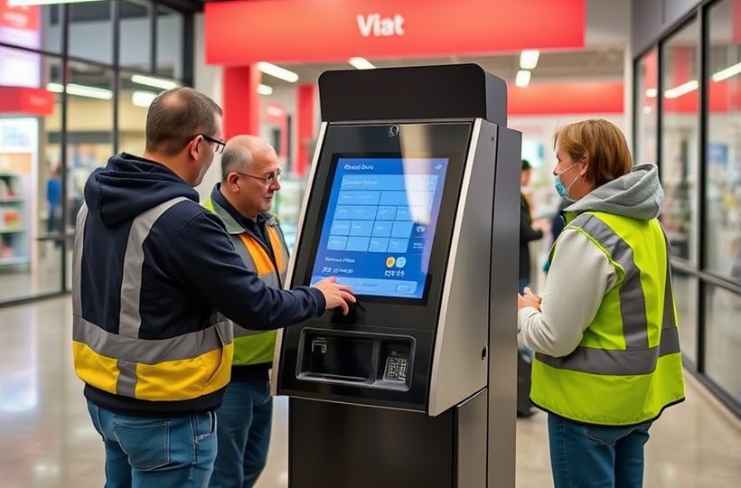 Técnico realizando el mantenimiento de un terminal de autoservicio