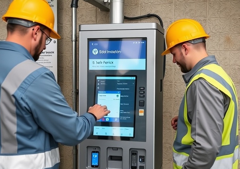 Técnico realizando el mantenimiento de un terminal de autoservicio